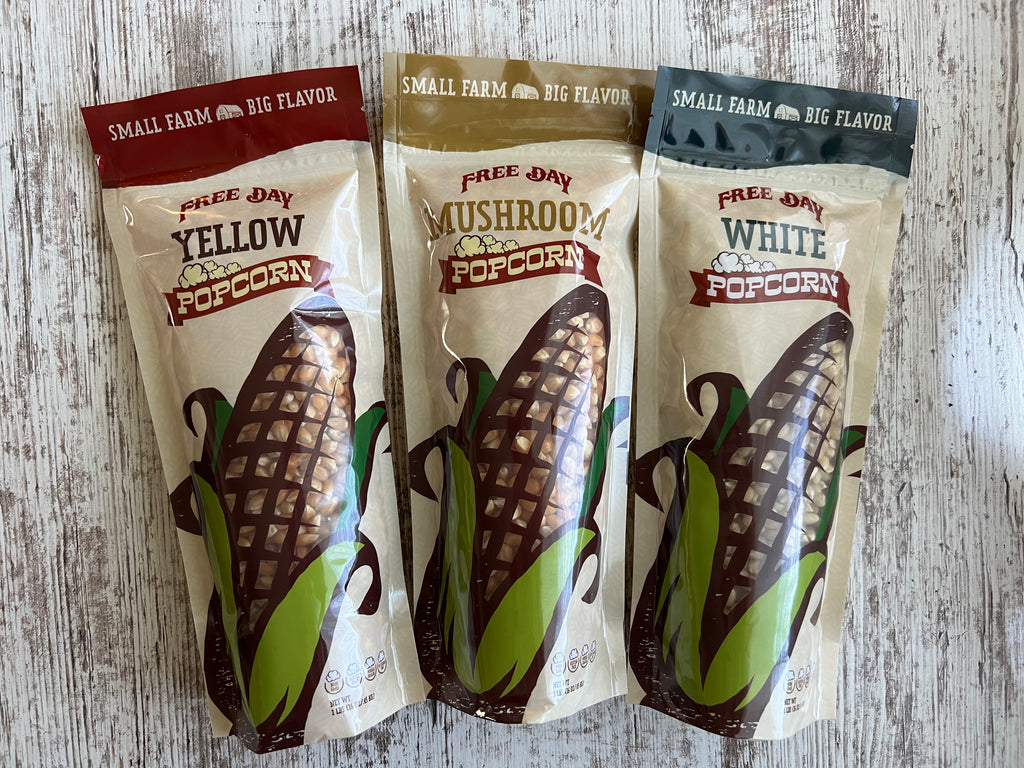 Popcorn Sampler Trio — 1 lb Yellow, 1 lb White, 1 lb Mushroom (3 lb total)