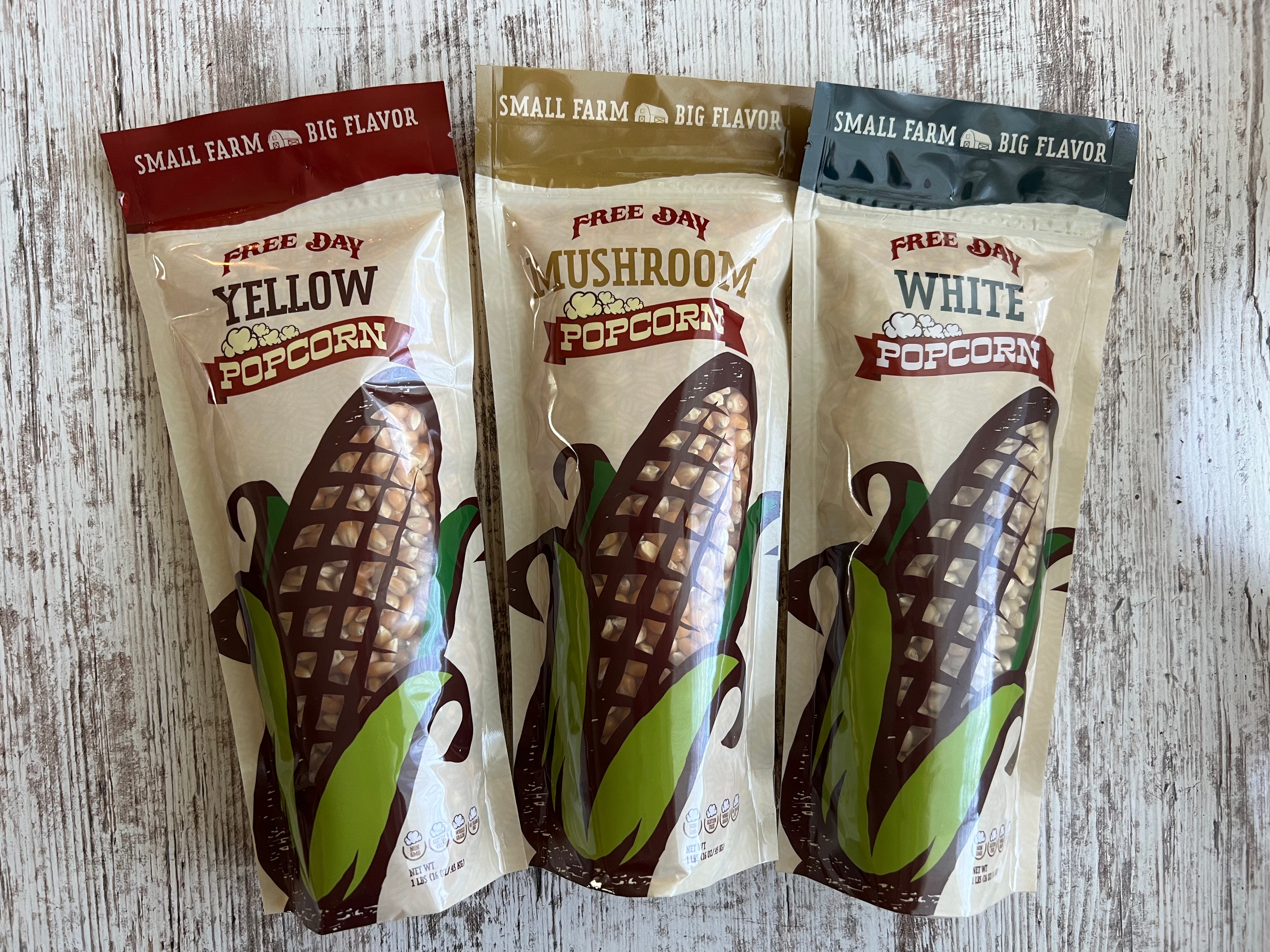 Popcorn Sampler Trio — 1 lb Yellow, 1 lb White, 1 lb Mushroom (3 lb total)