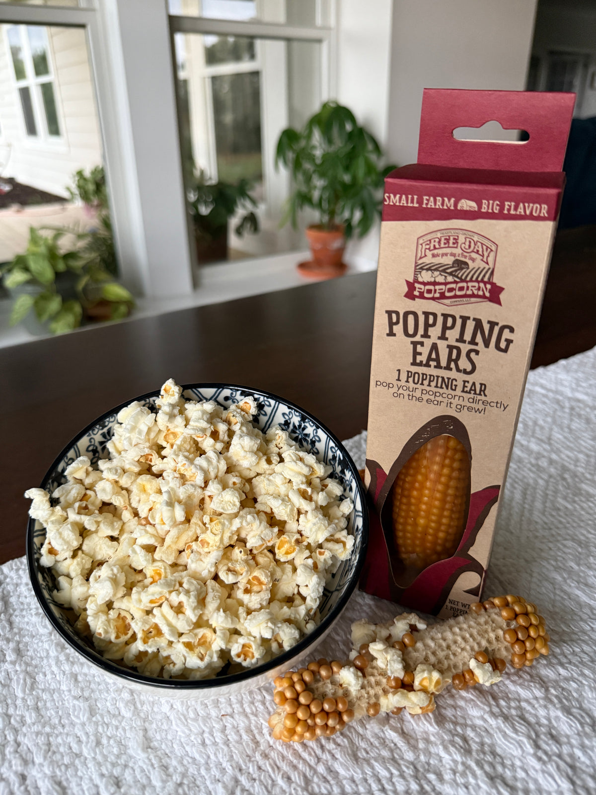 Popping Ears farm-fresh popcorn on the cob by Free Day Popcorn Company — individually vacuum-sealed non-GMO popcorn ears hand-picked by the Freitag family in Nebraska