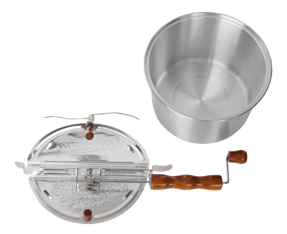 Whirley Pop Popper with wooden handle on a white background