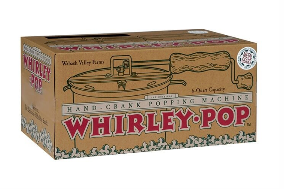 Box of Whirley Pop hand crank popping machine on a white background
